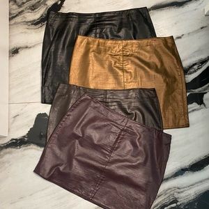 Bundle 4 vintage vegan faux leather mini skirts metallic gold, black, wine brown